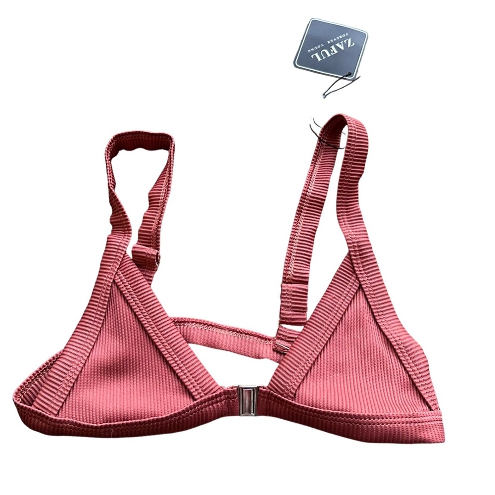 Zaful Ribbed Triangle Bikini Top Dusty Rose Mauve Adjustable Straps Size S 4